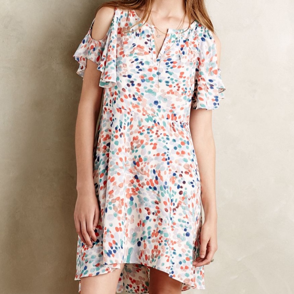 Anthropologie Maeve Flutter sleeve cold shoulder water color dress